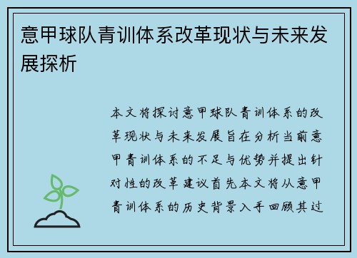 意甲球队青训体系改革现状与未来发展探析